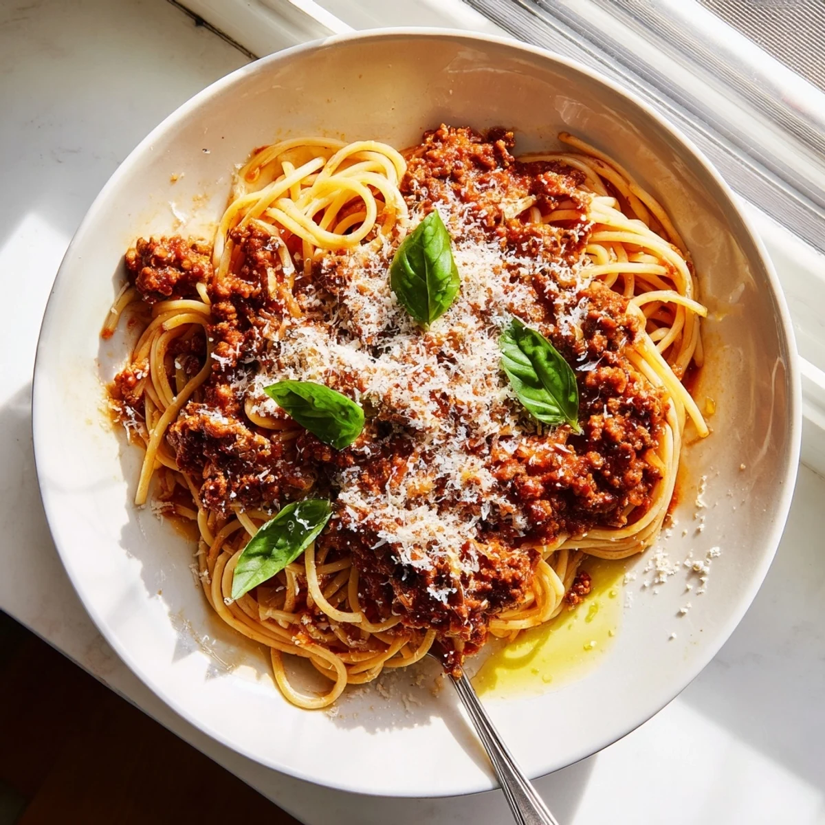 Steaming The Bear Spaghetti served with Parmesan cheese and fresh basil garnish.