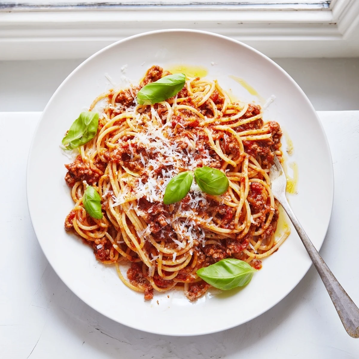 Hearty The Bear Spaghetti rests on a plate with basil leaves and grated Parmesan.