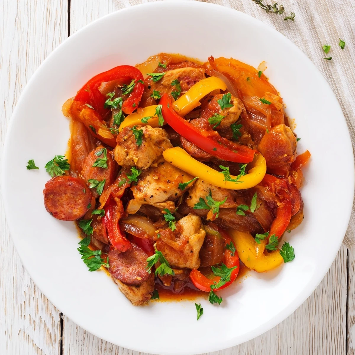 A close-up of Capsicum, Tomato, and Chicken with Chorizo simmering in a rich, red sauce, garnished with fresh parsley.