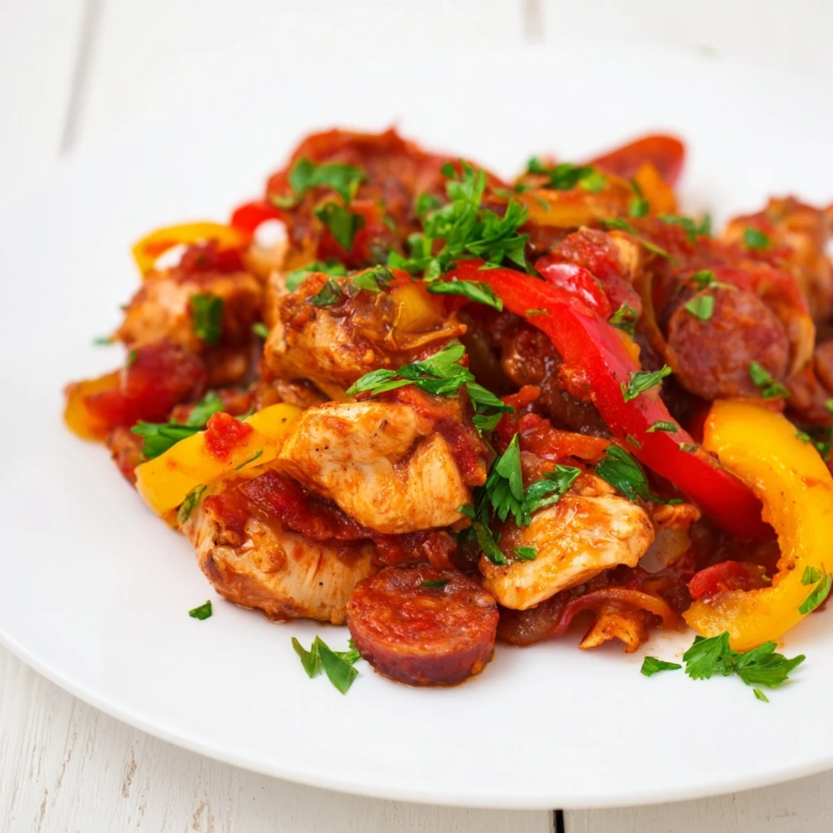 This hearty one-pan Capsicum, Tomato, and Chicken with Chorizo dish is ready to serve over rice for a comforting dinner.