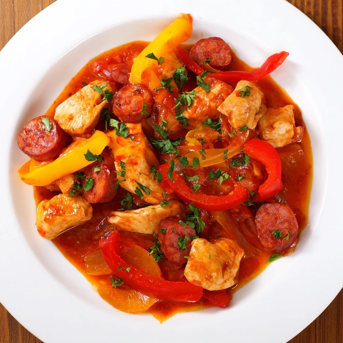 Skillet of Capsicum, Tomato, and Chicken with Chorizo, featuring tender chicken thighs and smoky sausage with vibrant bell peppers.