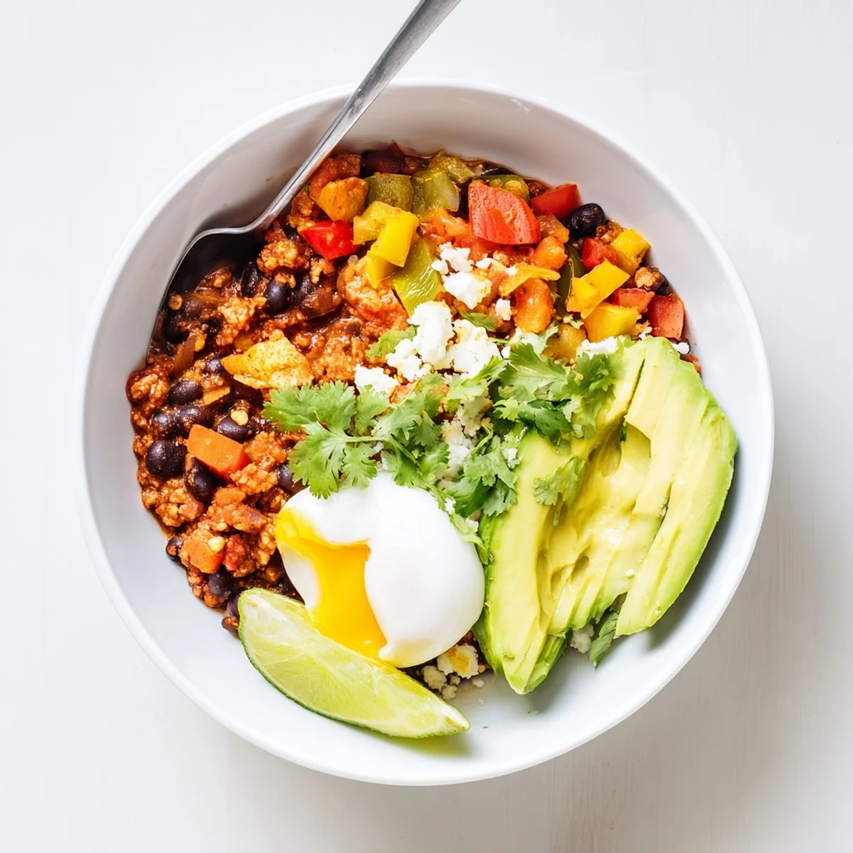 Creamy soft-boiled egg tops Mexican Braised Beans with fresh cilantro and avocado slices.