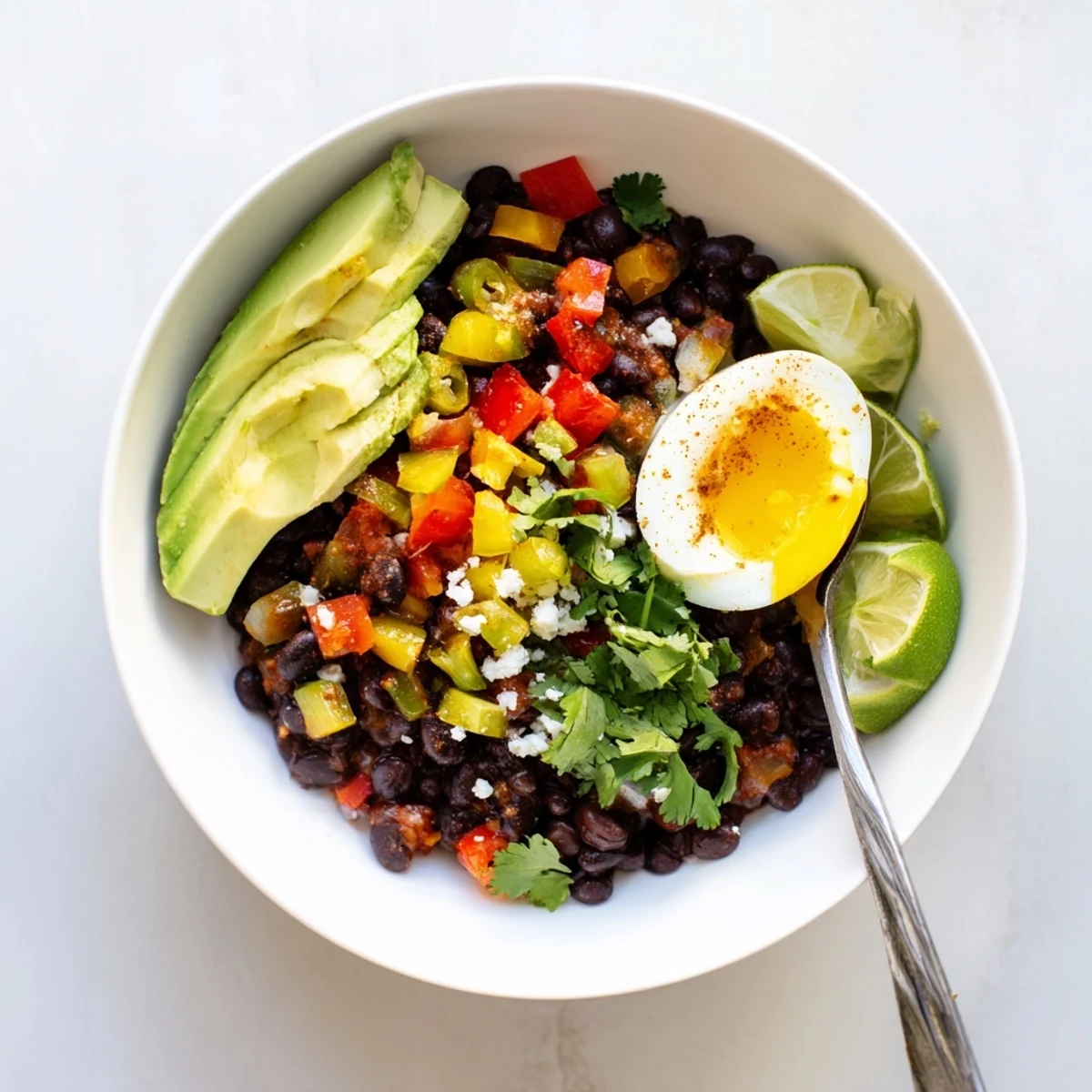 Hearty Mexican Braised Beans with tender beans in rich spices and a soft-boiled egg.