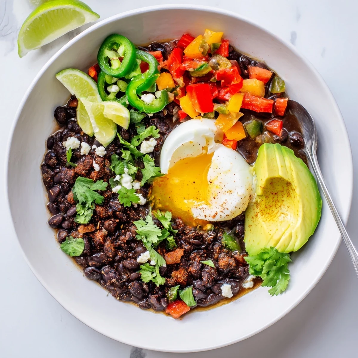 Warm Mexican Braised Beans in a rustic bowl with lime wedges and queso fresco.