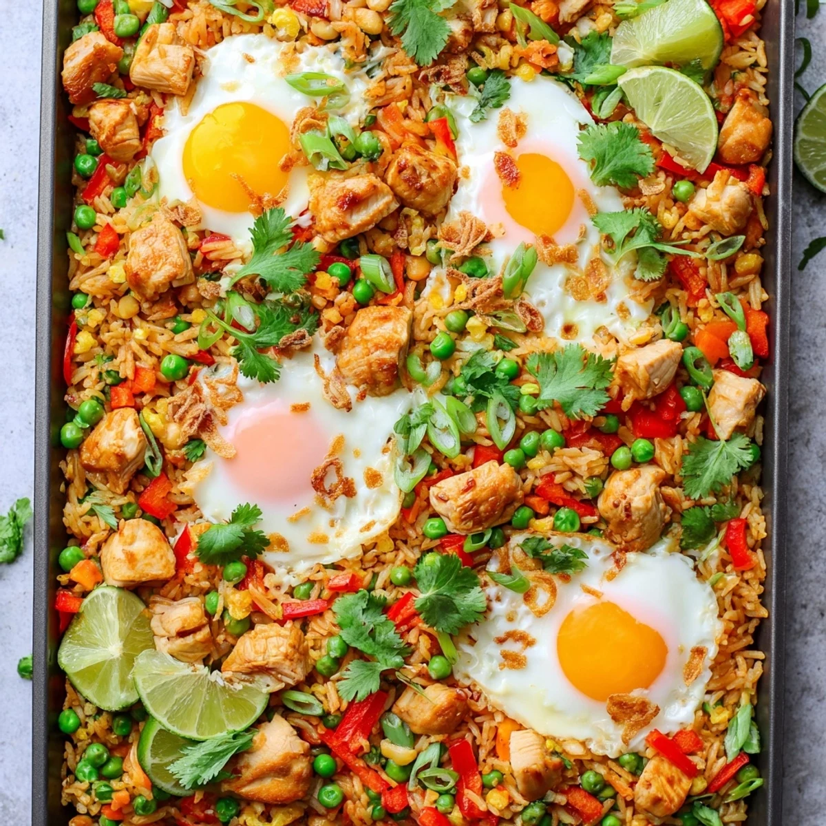 Golden-brown Nasi Goreng Tray Bake with fluffy rice, tender chicken, and vibrant mixed vegetables on a serving dish.