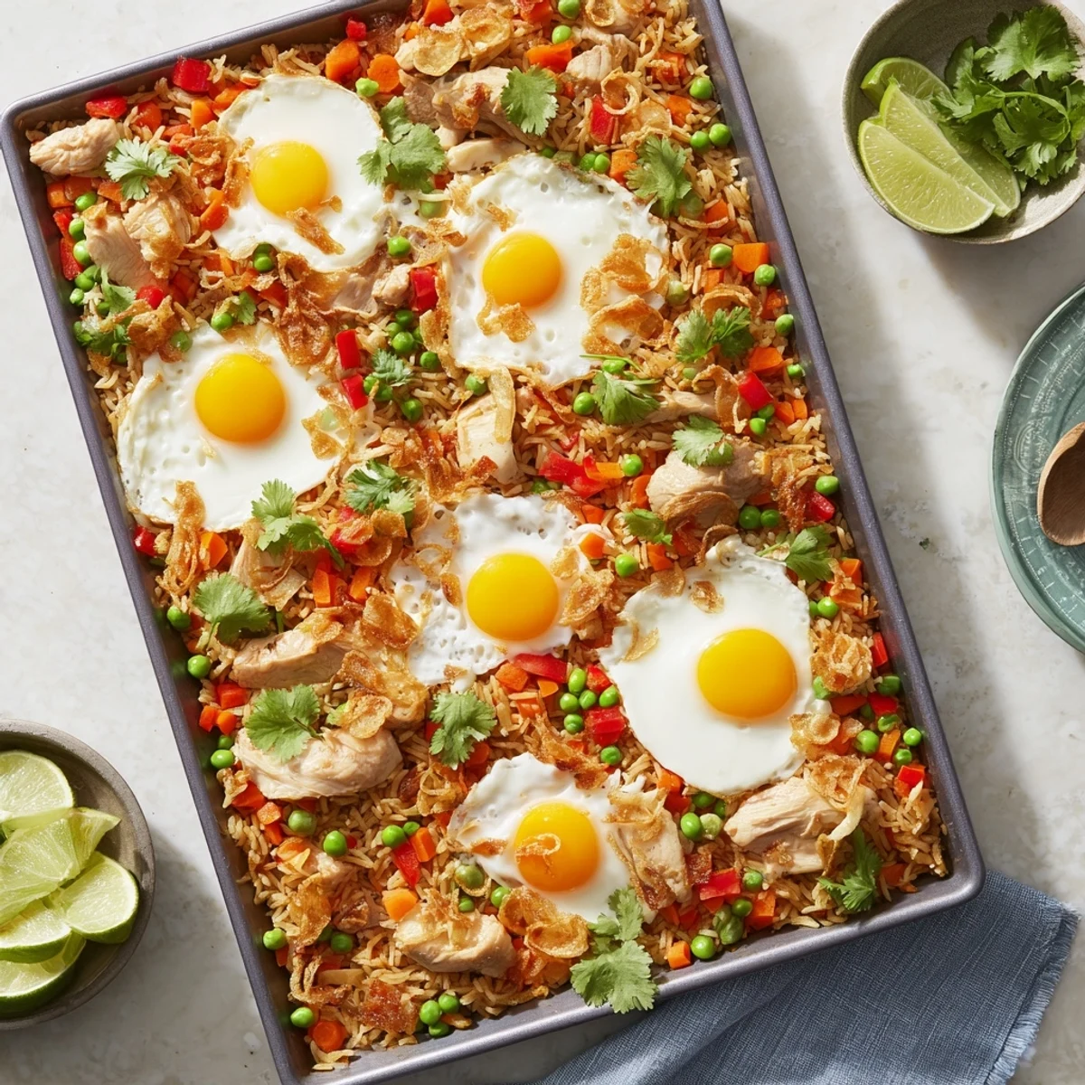 Family-style platter of Nasi Goreng Tray Bake served with lime wedges and crispy fried shallots for garnish.