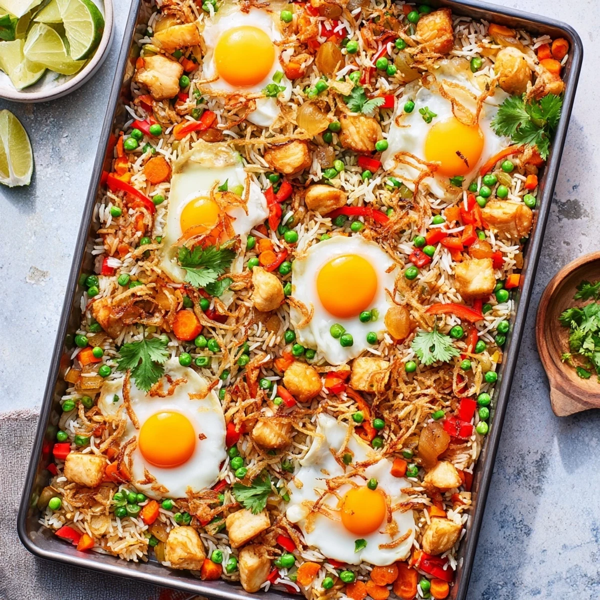 A close-up view of Nasi Goreng Tray Bake topped with a runny egg yolk and fresh cilantro garnish.