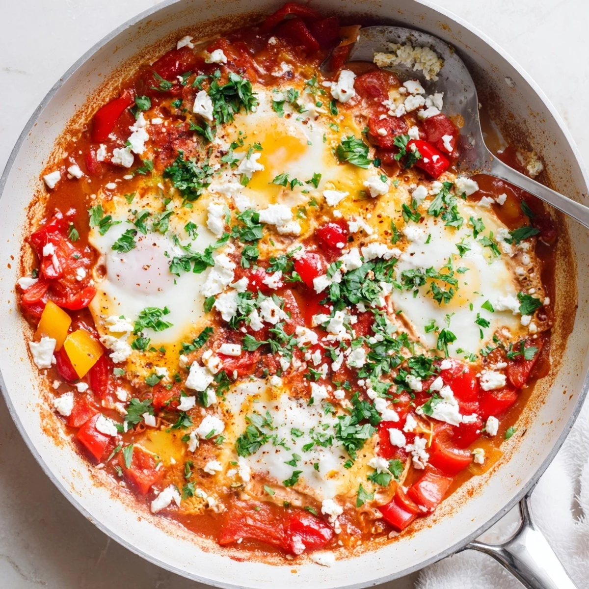 A close-up of Quick Shakshuka Eggs in a skillet, with runny yolks and steam rising from the spicy tomato and pepper sauce.