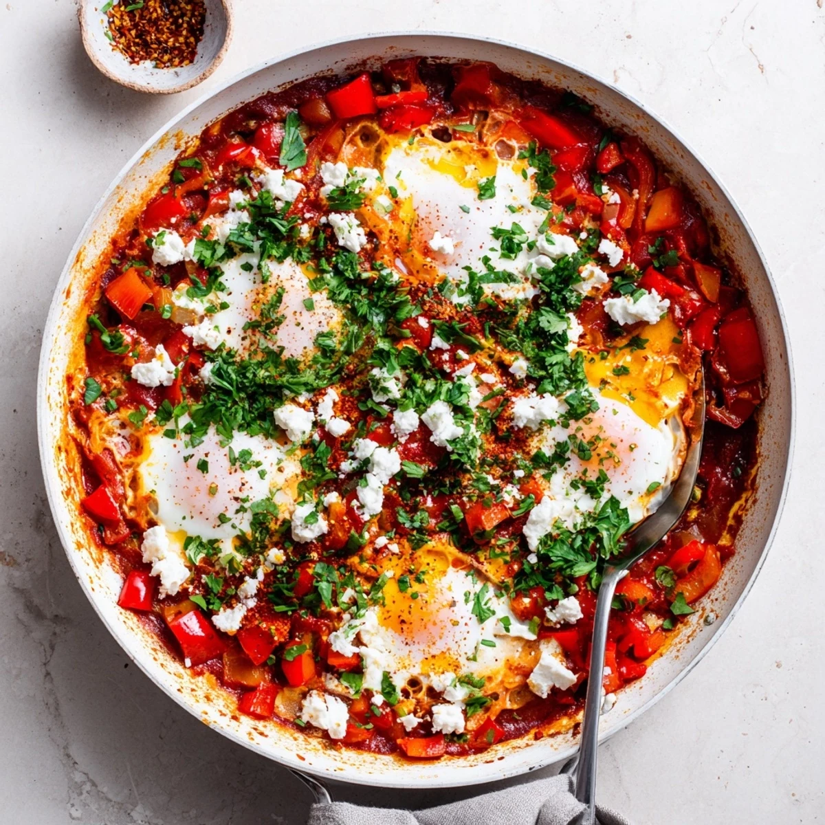 Serving suggestion for Quick Shakshuka Eggs with crusty bread for dipping into the vibrant, poached egg dish.