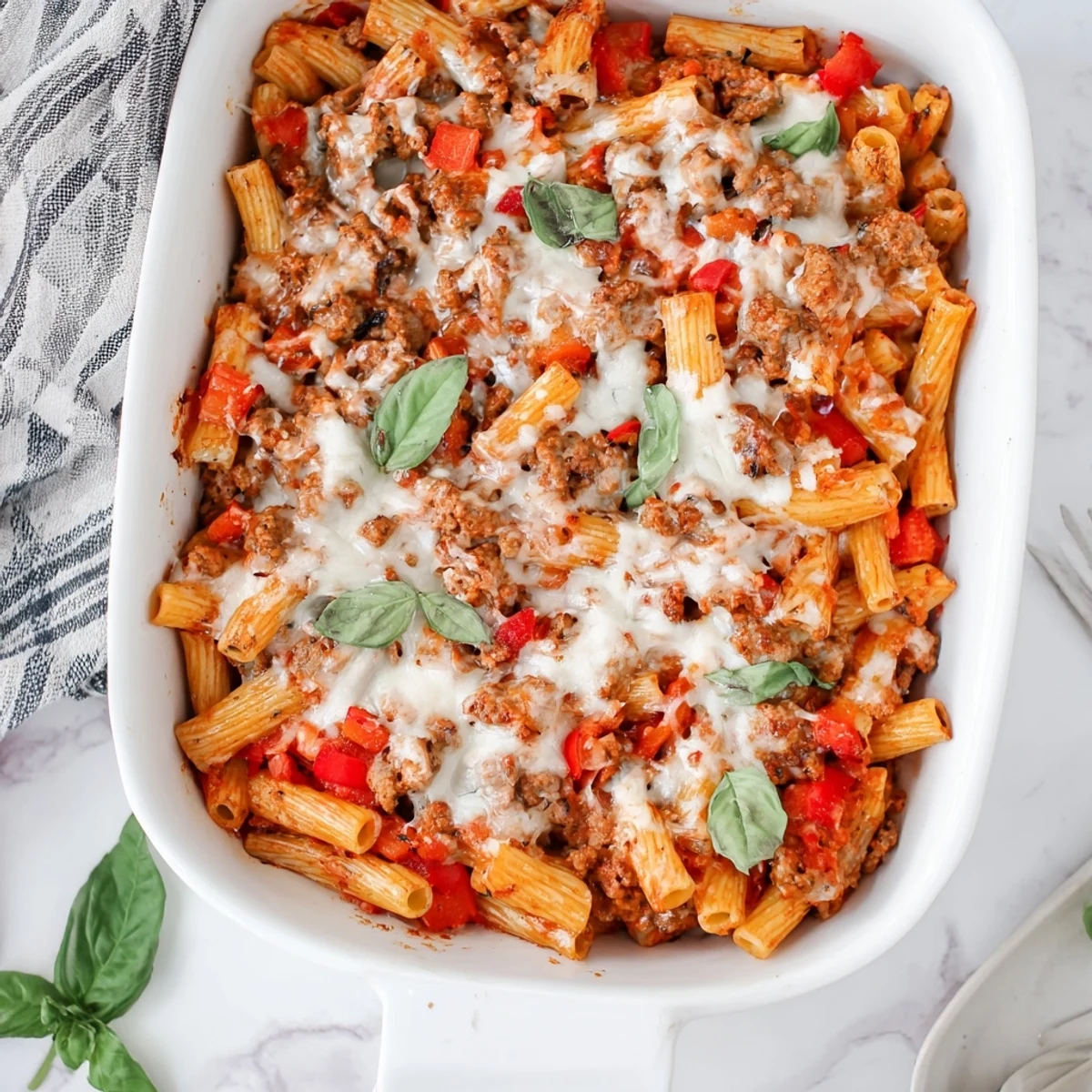 Golden brown melted mozzarella and Parmesan cheese topping a bubbling Quick Sausage Pasta Bake fresh from the oven.