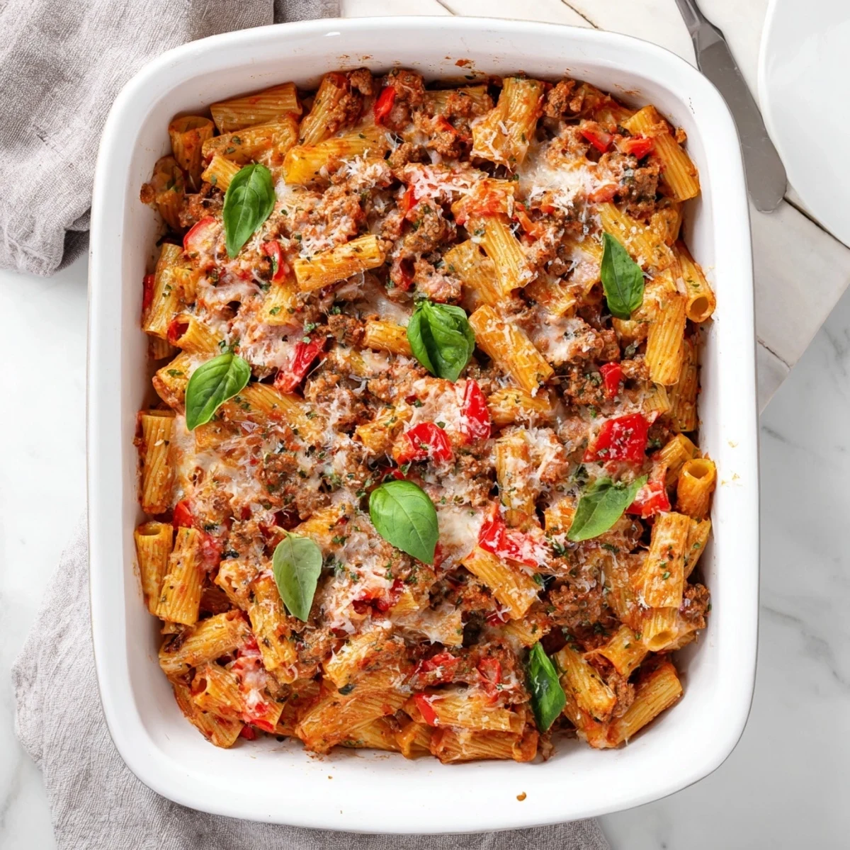 A hearty serving of Quick Sausage Pasta Bake in a white dish, paired with a crisp green salad.