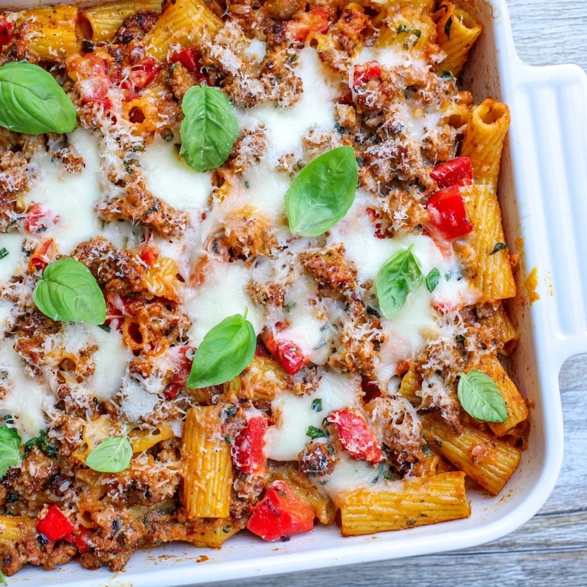 Savory Italian sausages and penne pasta coated in rich tomato sauce inside a skillet for Quick Sausage Pasta Bake.