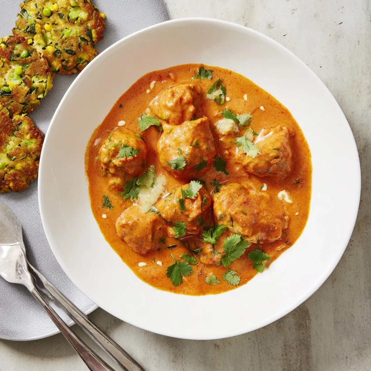 Creamy butter chicken and vegetable fritters served hot with fresh cilantro garnish on a rustic plate.