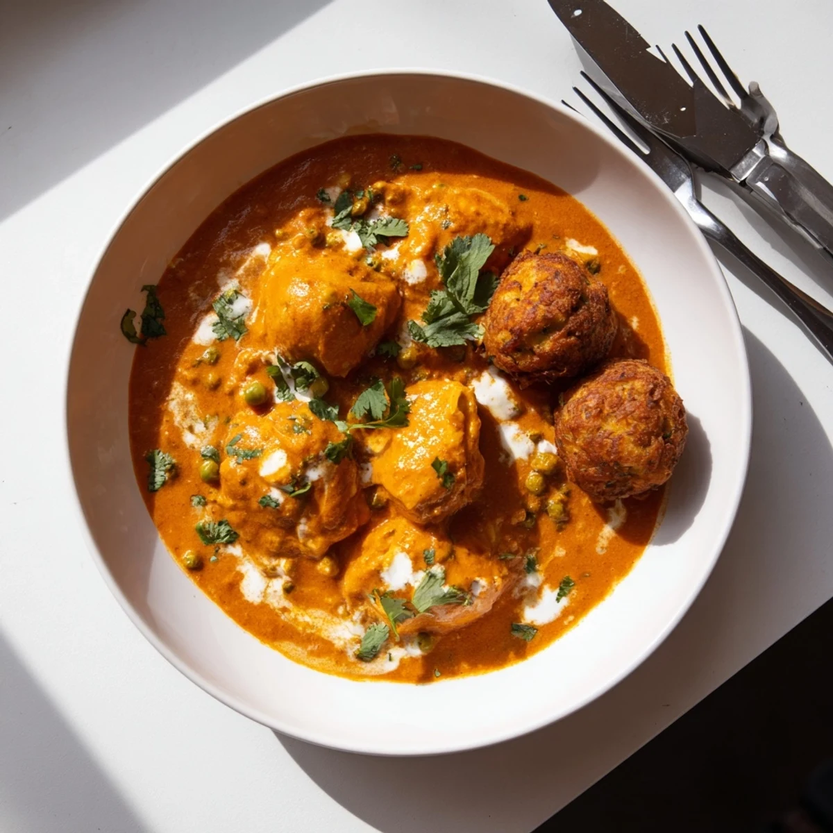 A close-up of butter chicken and vegetable fritters ready to serve, garnished with cilantro for a fresh touch.