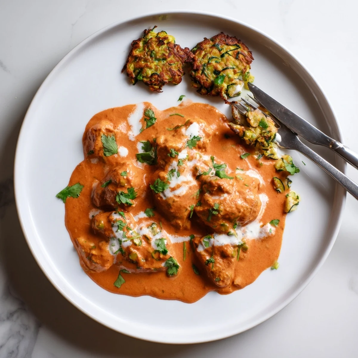 Crisp golden vegetable fritters alongside rich spiced butter chicken for a comforting American Indian-inspired dinner.