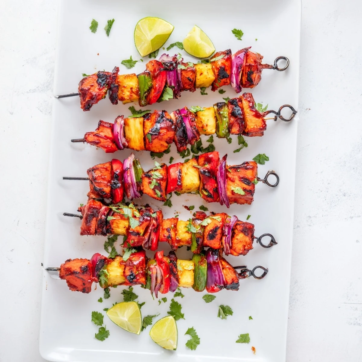 Grilled Chicken and Pineapple BBQ Skewers on a plate with fresh cilantro and lime wedges.
