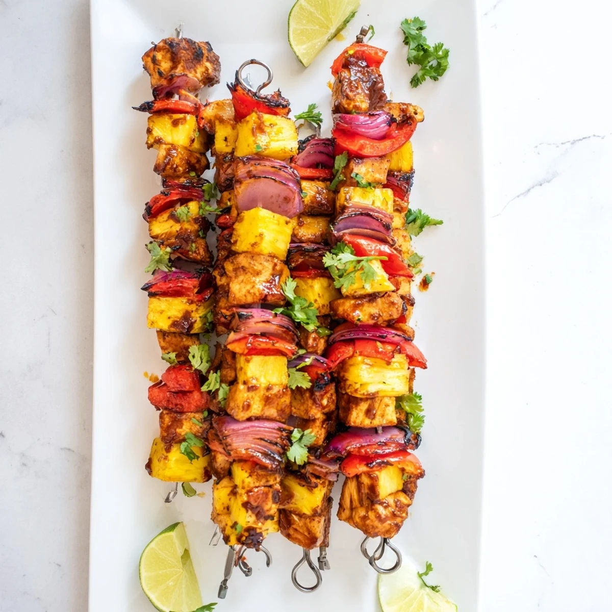 Tender Chicken and Pineapple BBQ Skewers with charred edges and sweet bell peppers on the grill.