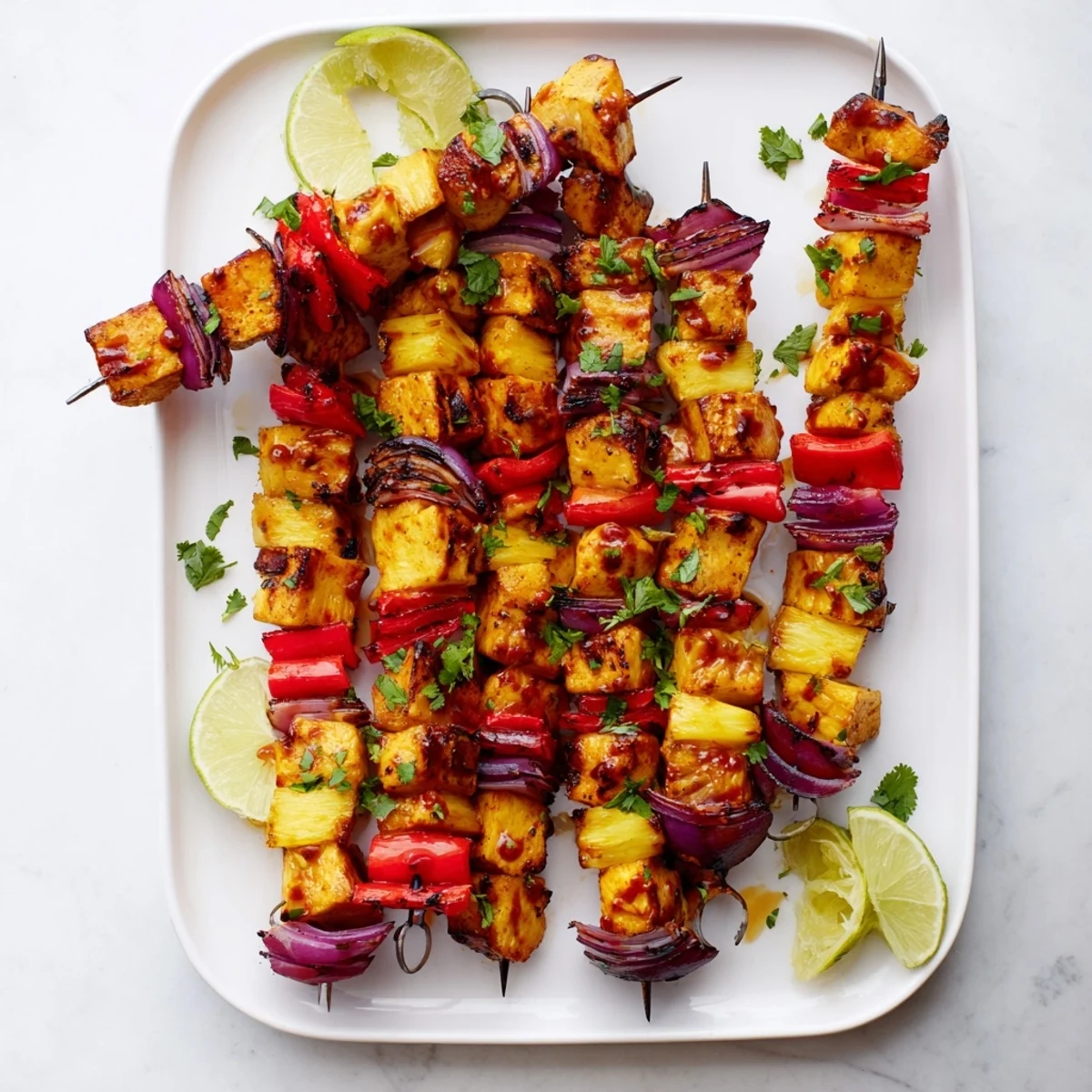 Serve these delicious Chicken and Pineapple BBQ Skewers with a side of fluffy white rice.