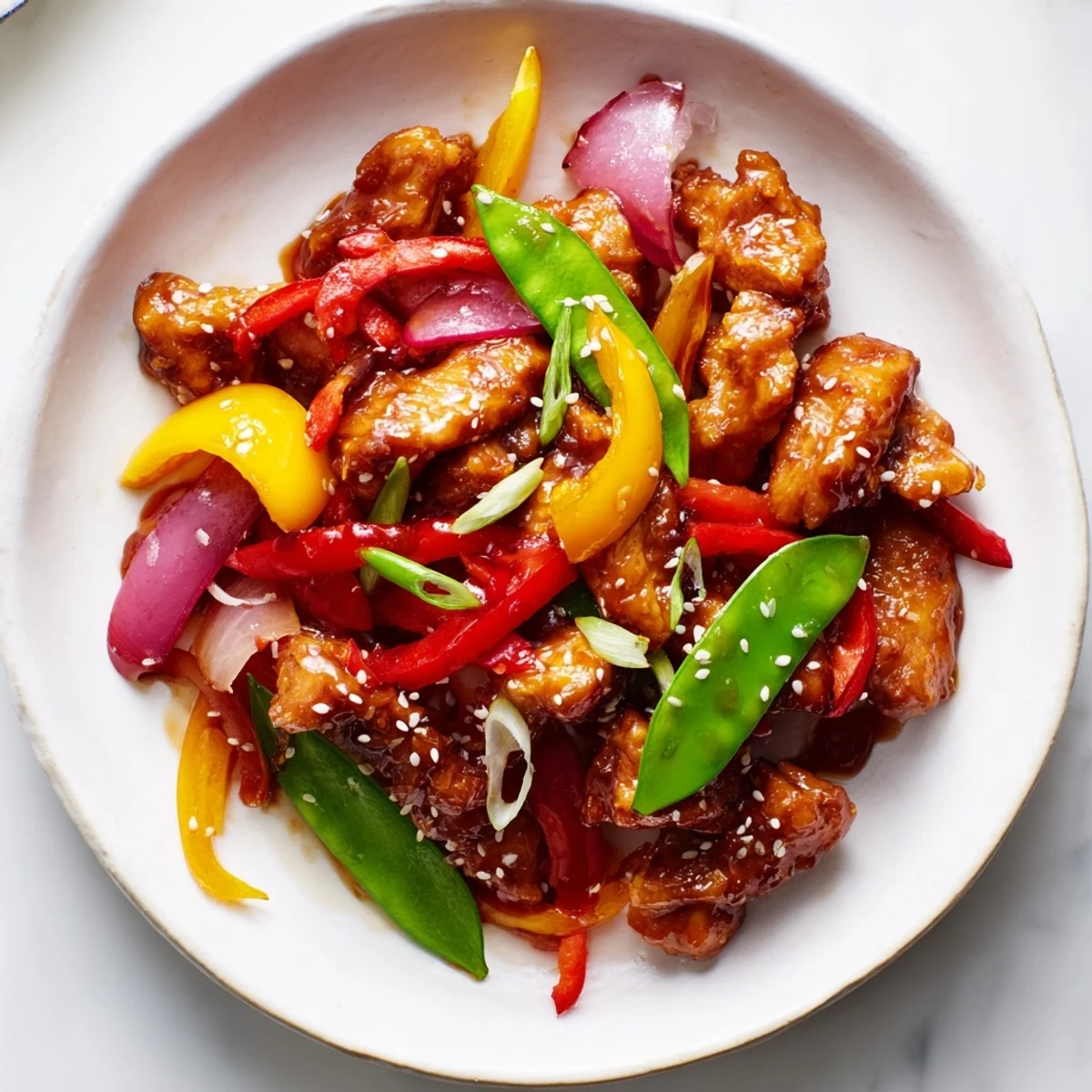 Golden chicken strips, red and yellow bell peppers, and snap peas glistening with sweet chilli sauce in Quick Sweet Chilli Chicken Stir Fry.