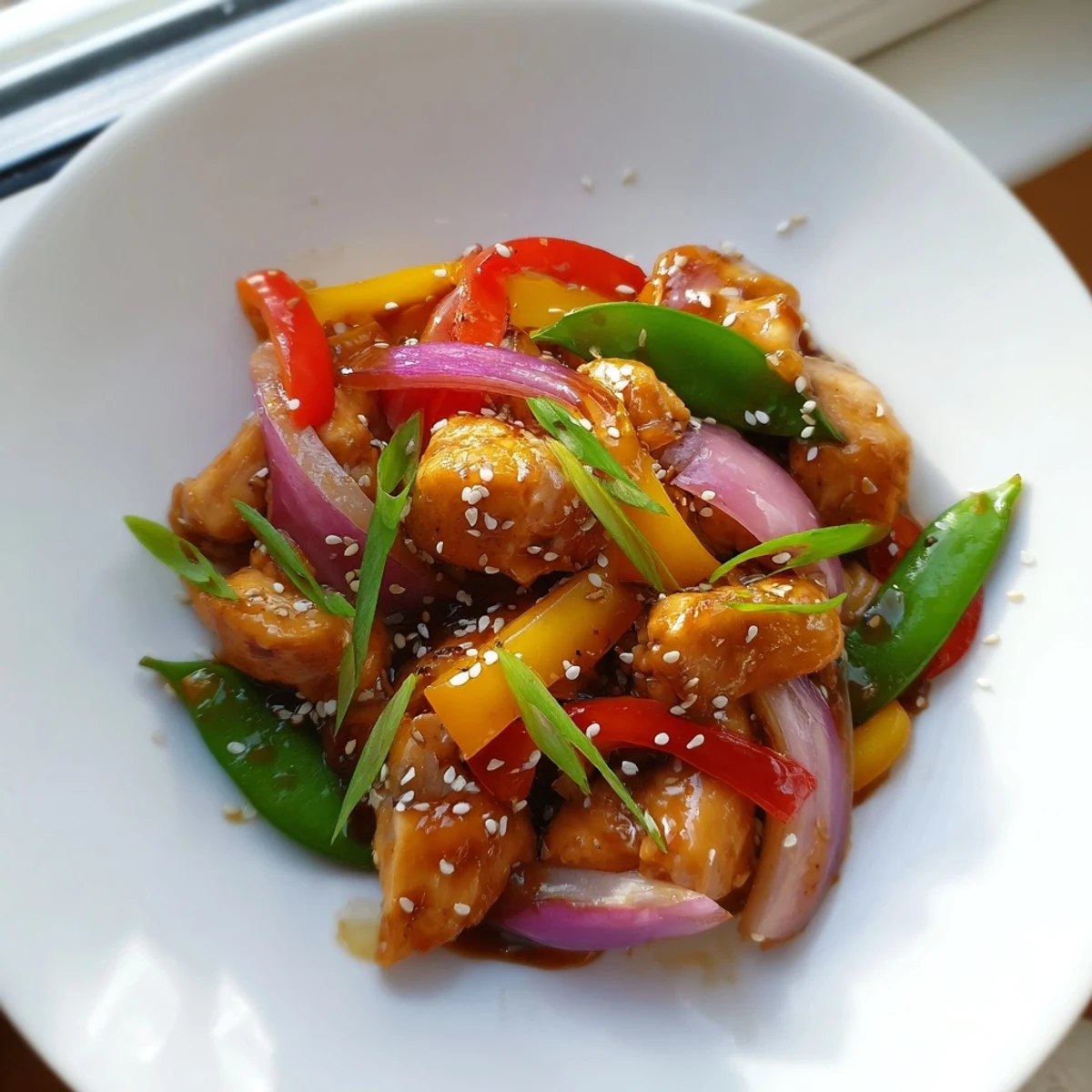 A finished plate of Quick Sweet Chilli Chicken Stir Fry garnished with green onions, served alongside fluffy white rice for dinner.