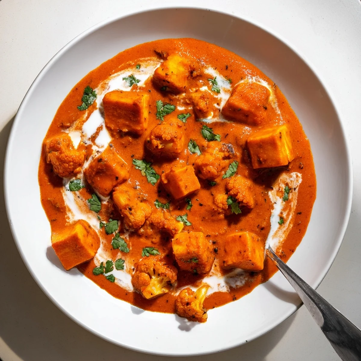 A close-up of Indian Butter Spiced Potatoes and Cauliflower simmering in a rich, creamy tomato sauce with aromatic spices.