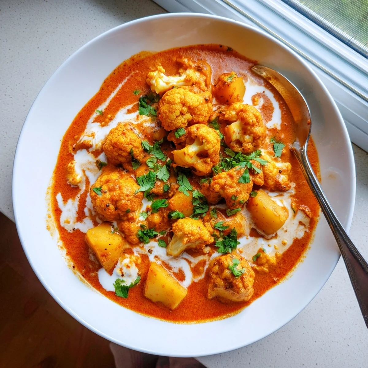Serving suggestion for Indian Butter Spiced Potatoes and Cauliflower with fluffy basmati rice and warm naan bread.