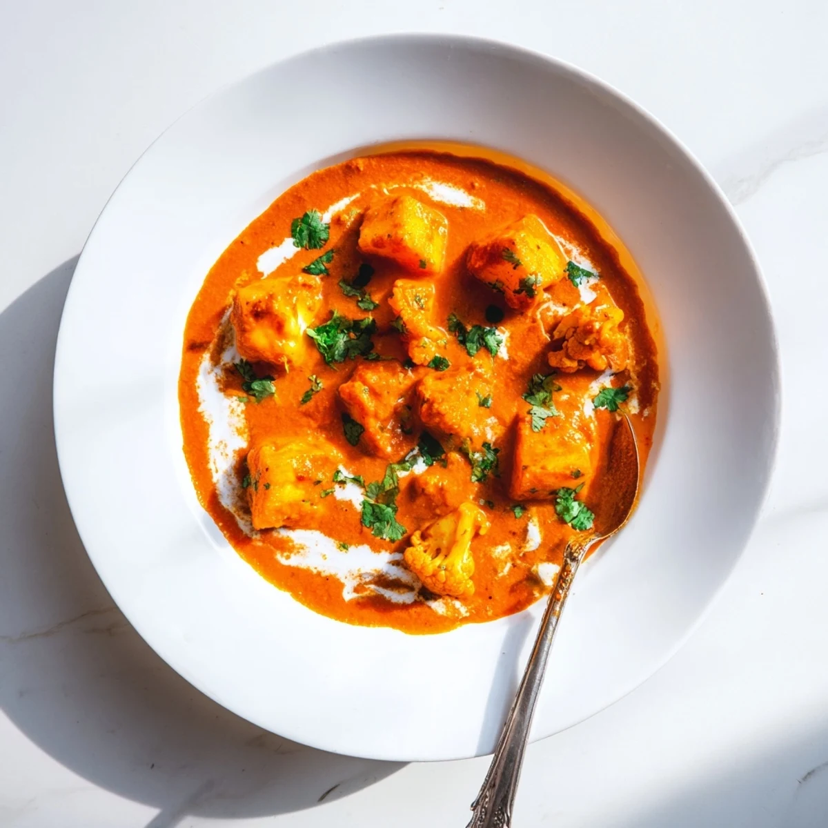 Steam rising from a skillet of Indian Butter Spiced Potatoes and Cauliflower, garnished with fresh cilantro and lemon wedges.