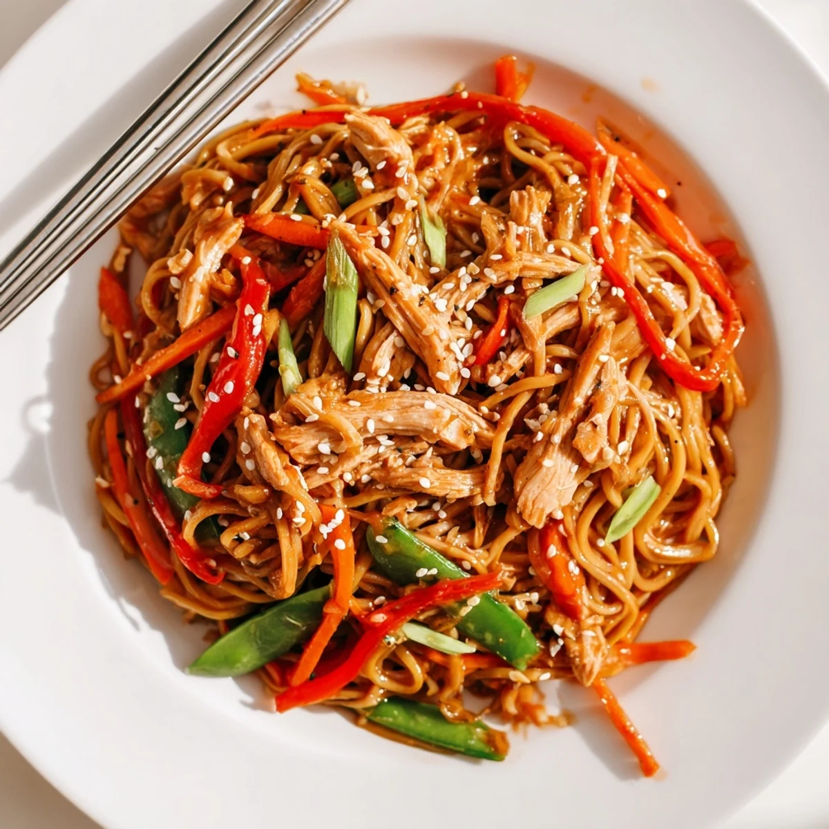 A photo of Sweet Chilli Turkey Noodle Stir Fry with colorful veggies and tender turkey in a wok.