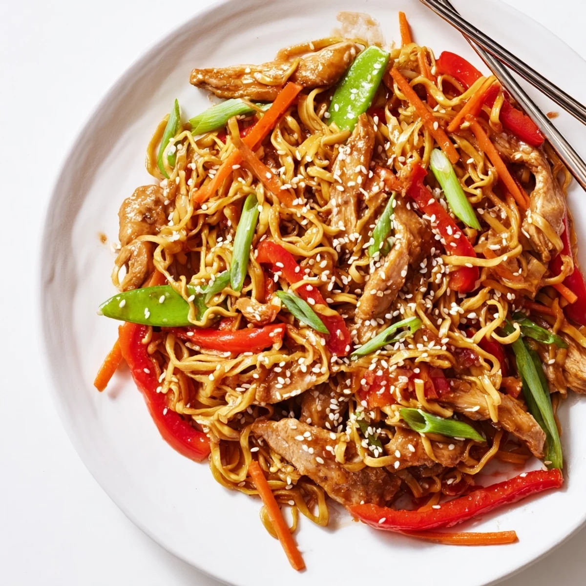 Sweet Chilli Turkey Noodle Stir Fry garnished with sesame seeds and fresh cilantro on a white plate.