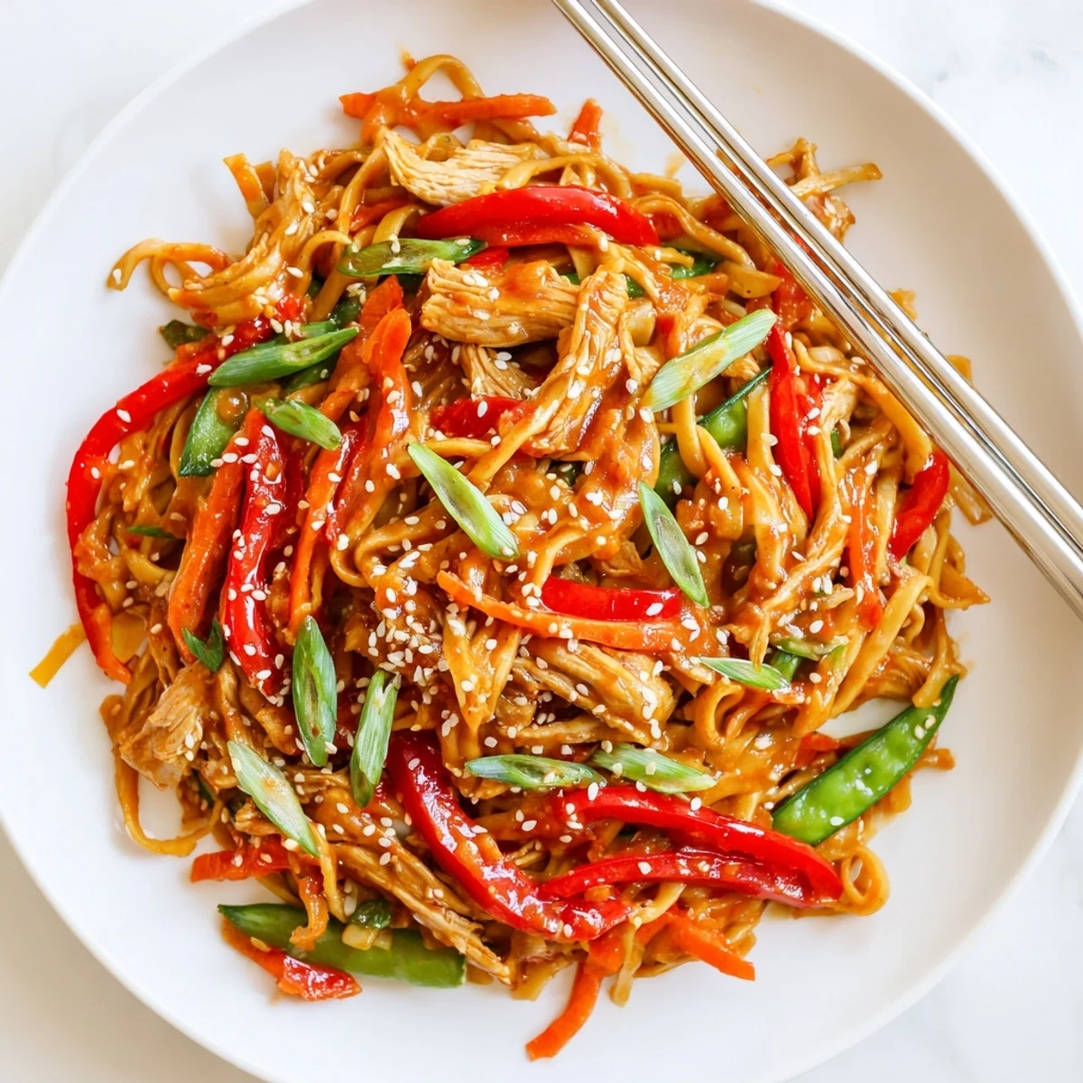 Close-up of steaming Sweet Chilli Turkey Noodle Stir Fry with glossy sauce and crisp bell peppers.