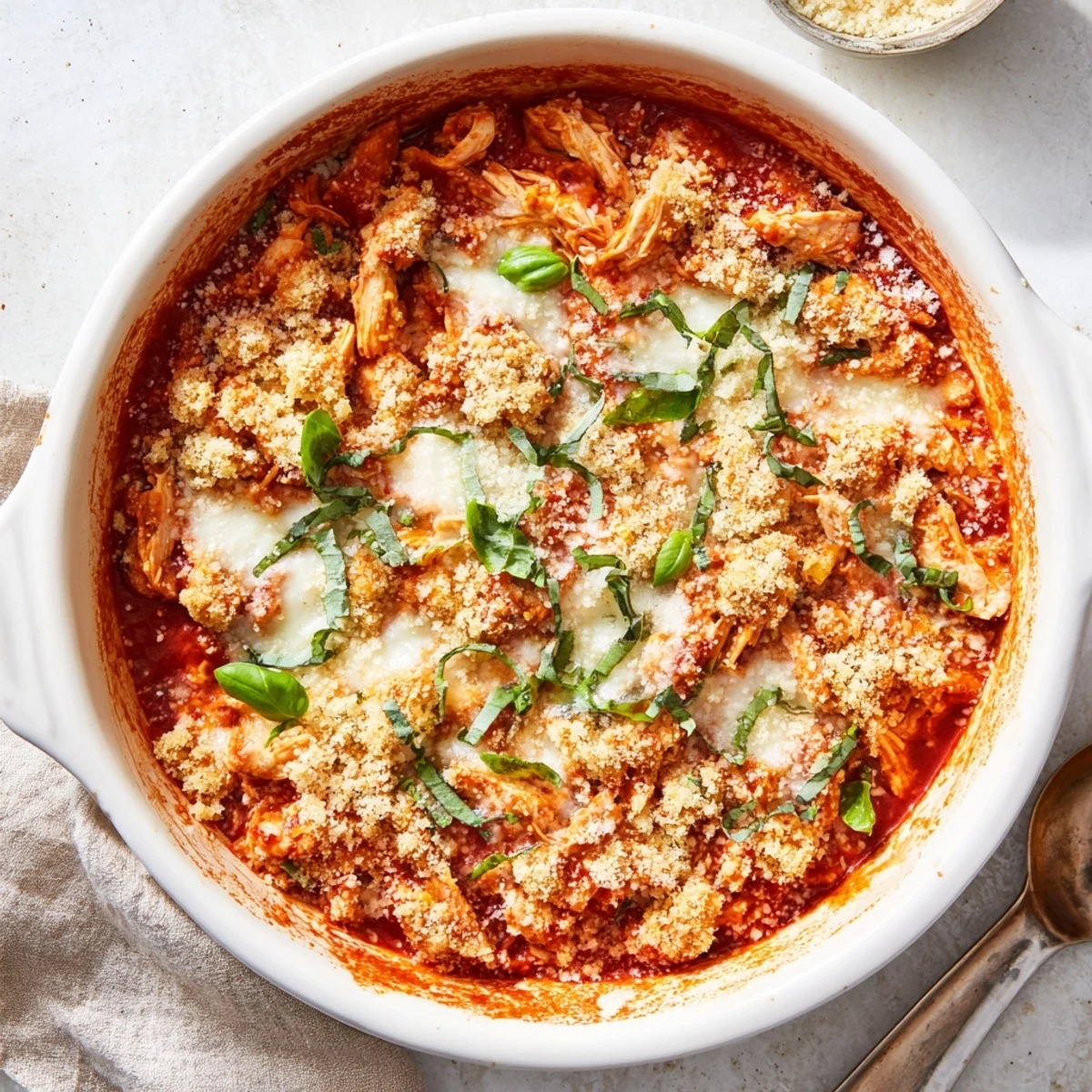 Golden, bubbly Keto Chicken Parmesan Casserole in a baking dish garnished with fresh basil leaves.