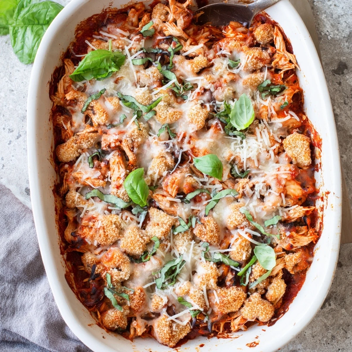 Comforting Keto Chicken Parmesan Casserole topped with crushed pork rinds and basil on a wooden table.
