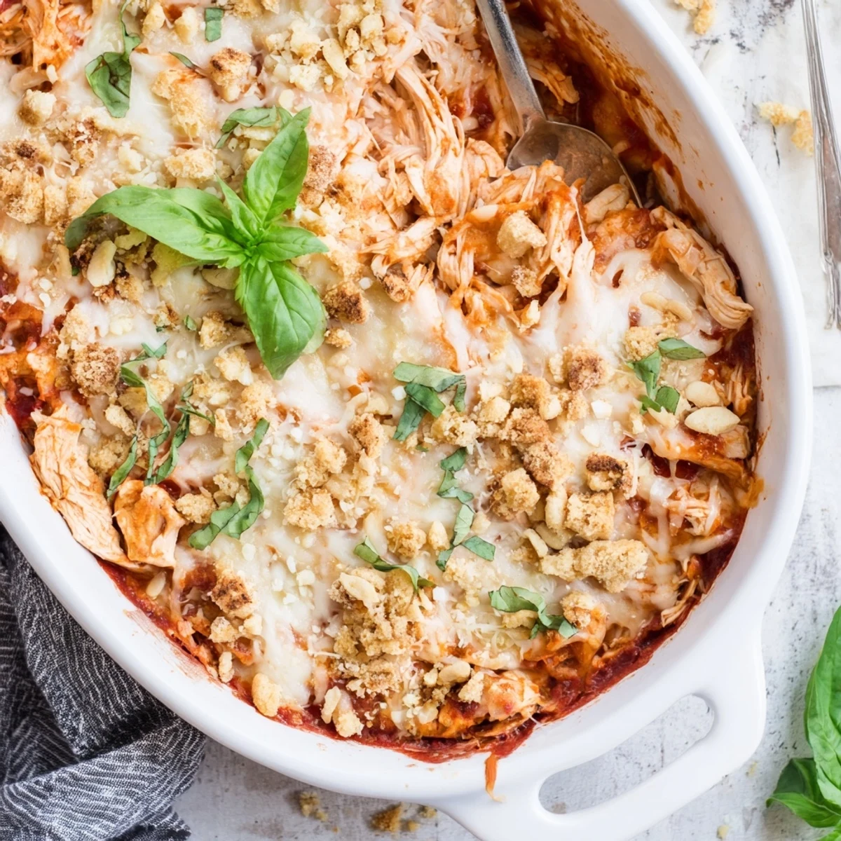 Layered Keto Chicken Parmesan Casserole with marinara, mozzarella, and golden parmesan served hot.