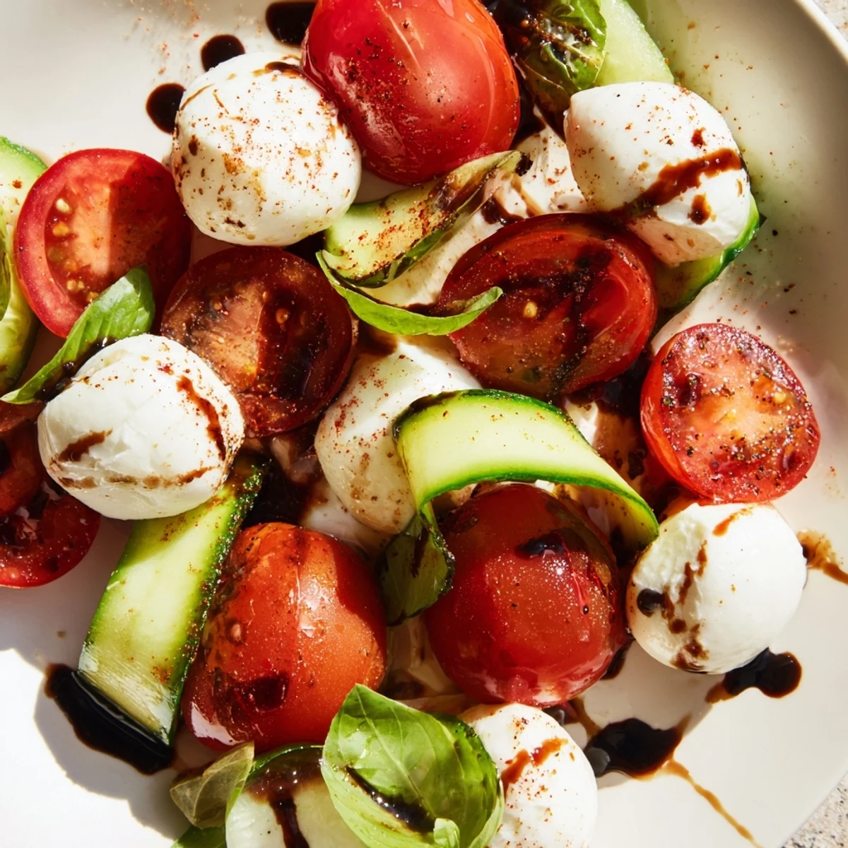 Juicy Cucumber Caprese Salad with vibrant cherry tomatoes, creamy mozzarella, and fresh basil on a white platter.