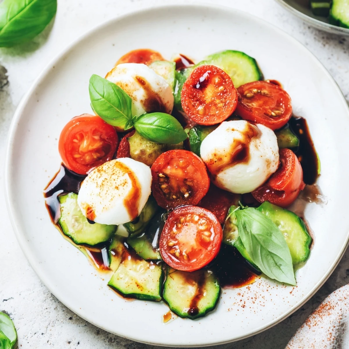 A close-up of Juicy Cucumber Caprese Salad drizzled with balsamic glaze, glistening with olive oil and herbs.
