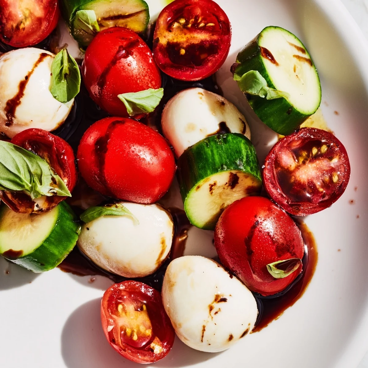 Serve Juicy Cucumber Caprese Salad chilled in a rustic bowl, topped with extra basil and ripe tomatoes.