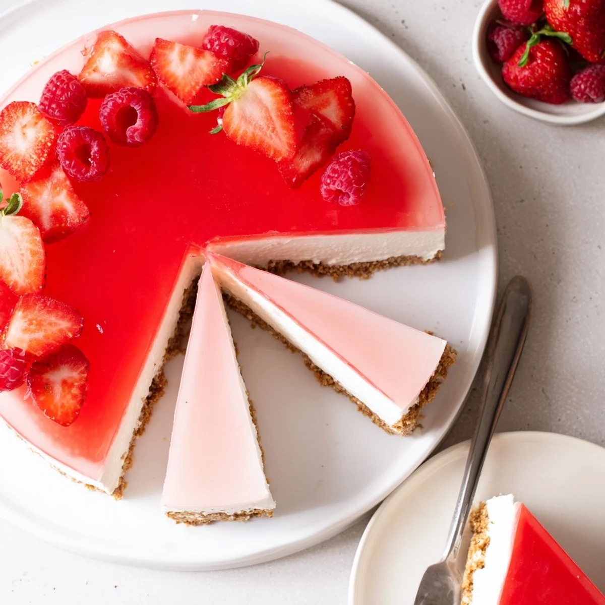 Creamy No Bake Greek Yogurt Jello Cheesecake slices sit on a plate with fresh berries and a buttery graham crust.  