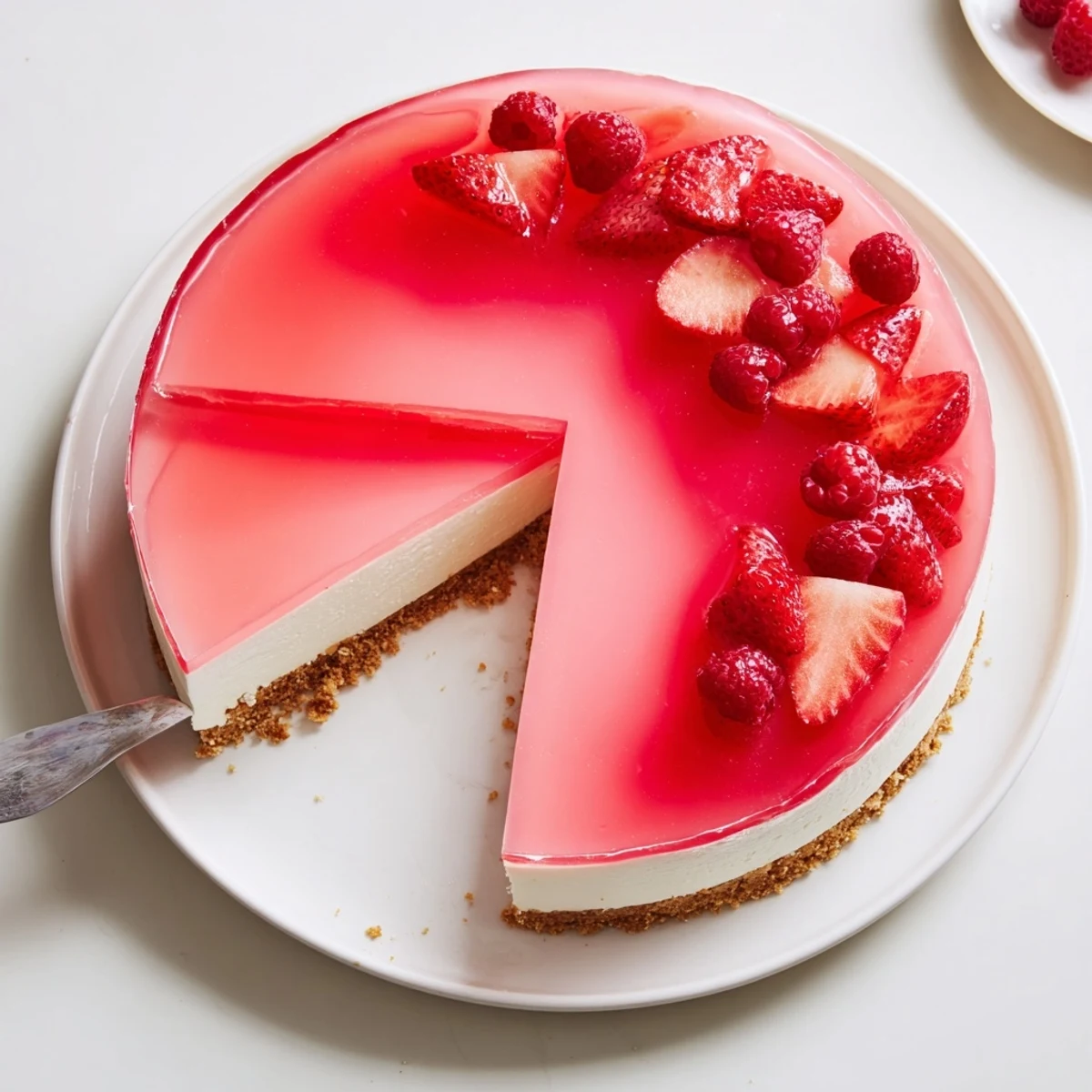 This No Bake Greek Yogurt Jello Cheesecake is garnished with berries, ready to serve chilled on a summer day.