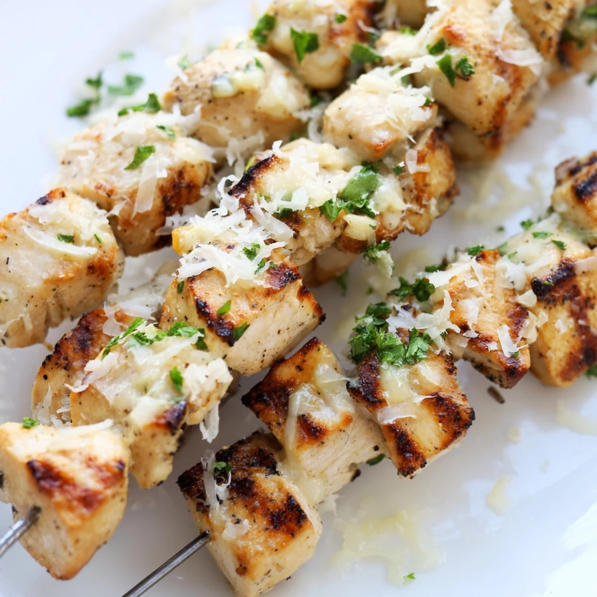Golden-brown Ranch Garlic Parmesan Chicken Skewers glisten with melted cheese on a summer barbecue grill.  
