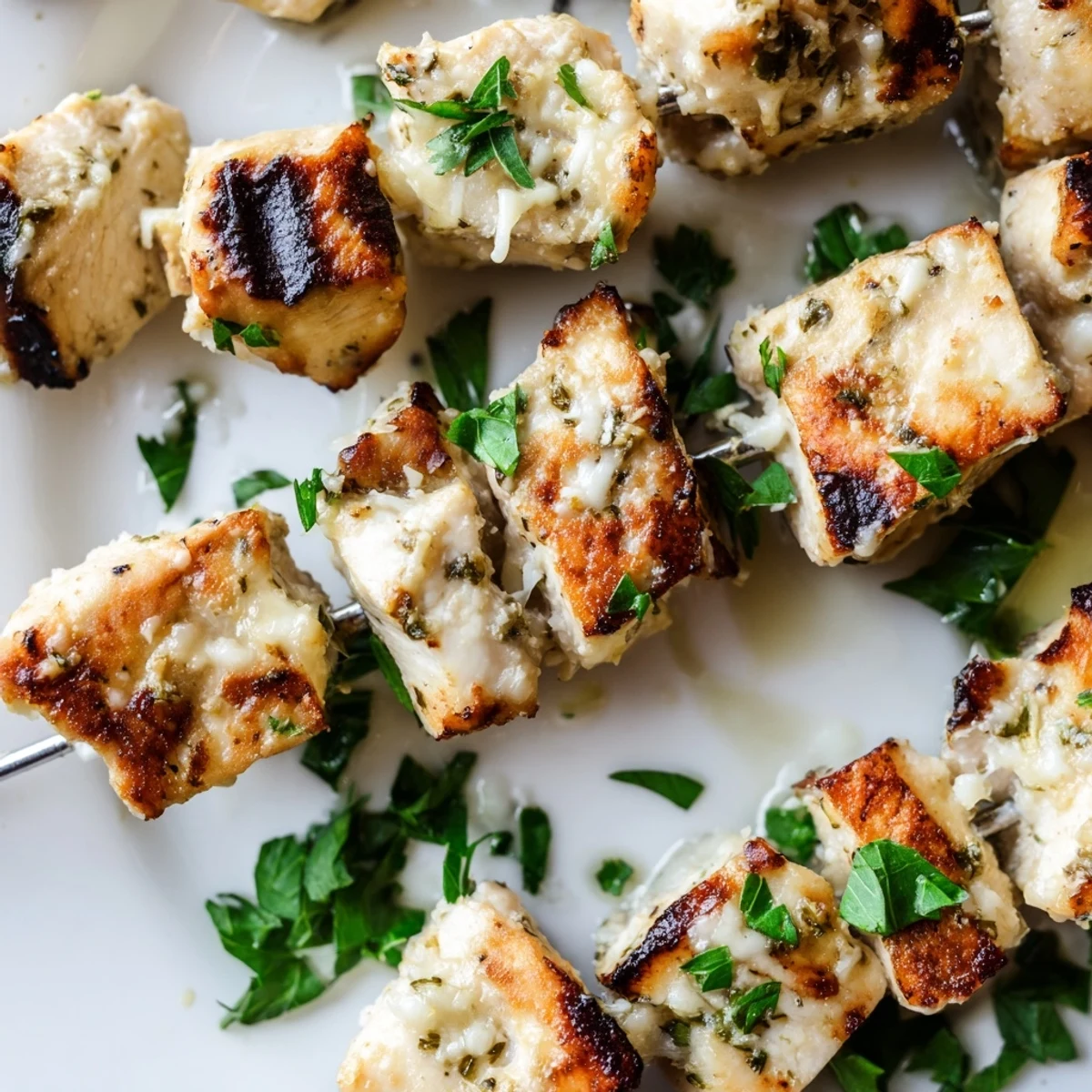 Freshly grilled Ranch Garlic Parmesan Chicken Skewers are served hot with a side of crisp green salad.  