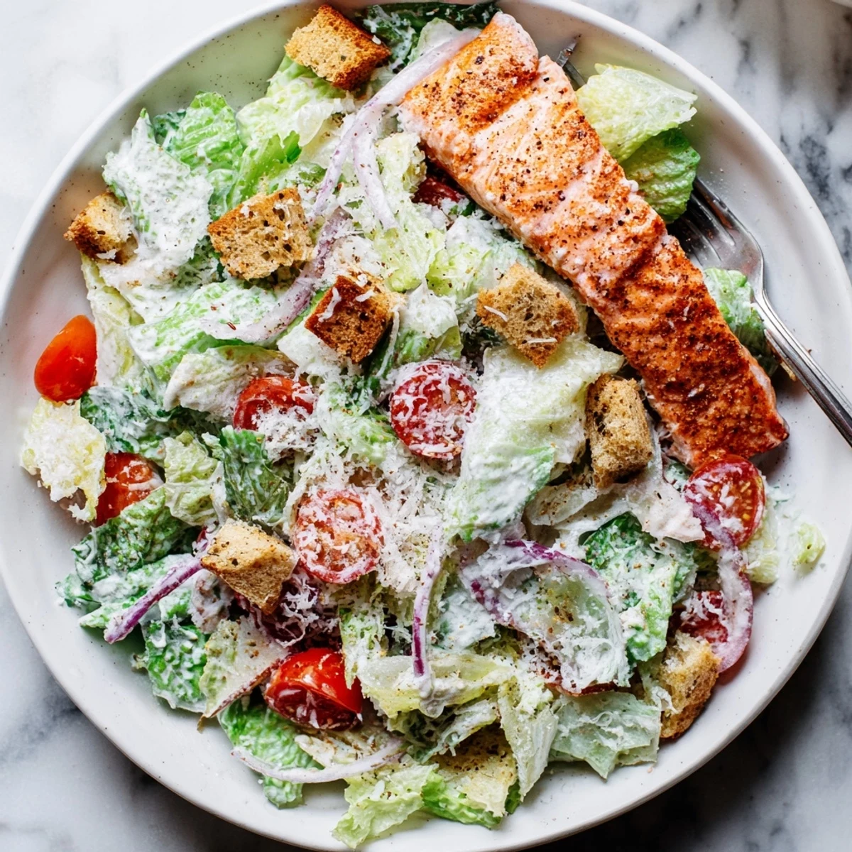 A fork lifts tender salmon over a hearty Salmon Caesar Salad, highlighting golden croutons and a drizzle of zesty dressing.
