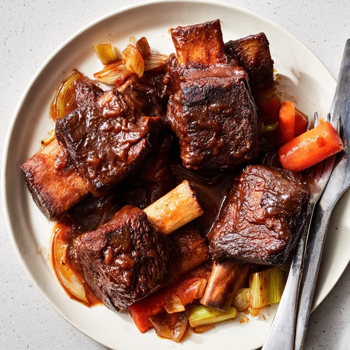 Slow-cooked Maple Bourbon Glazed Short Ribs served over creamy mashed potatoes with fresh herbs.