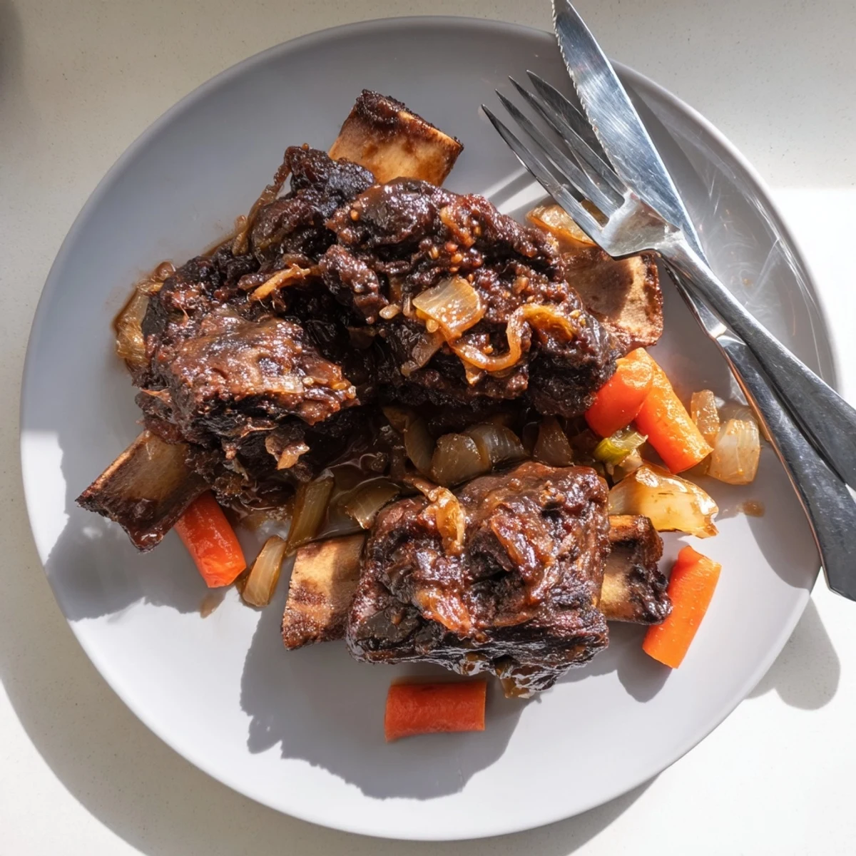 Maple Bourbon Glazed Short Ribs plated with roasted carrots and onions in a rich sauce.