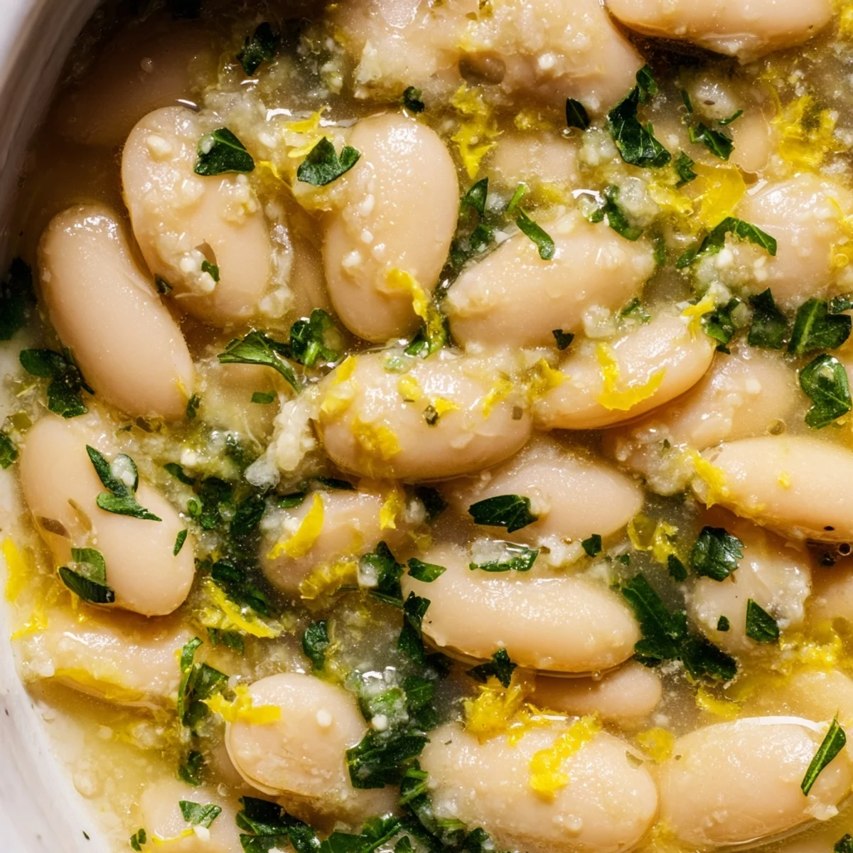 Creamy miso butter brothy beans in a rustic bowl garnished with fresh parsley and lemon zest.