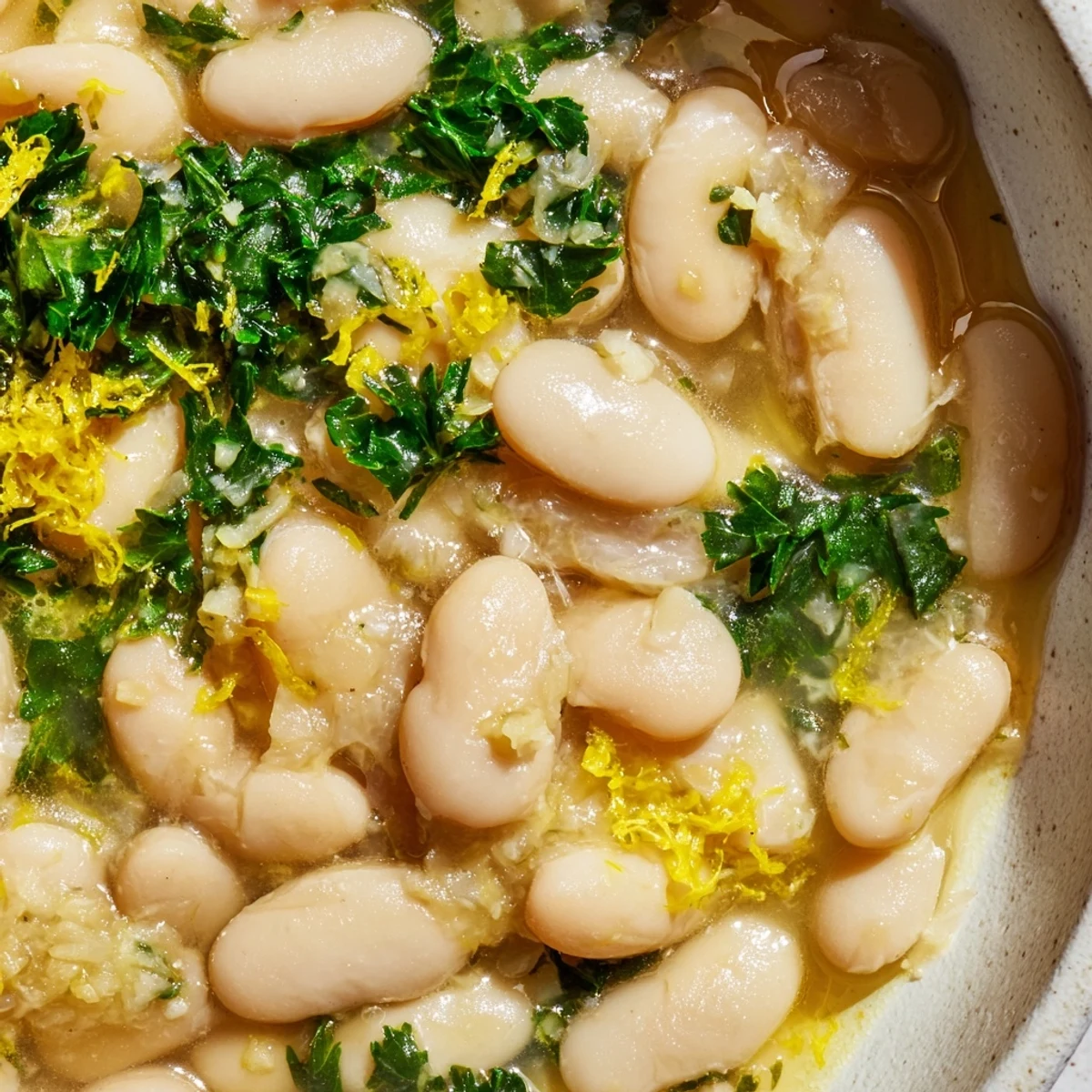 Steaming miso butter brothy beans served with crusty bread for dipping into the savory broth.