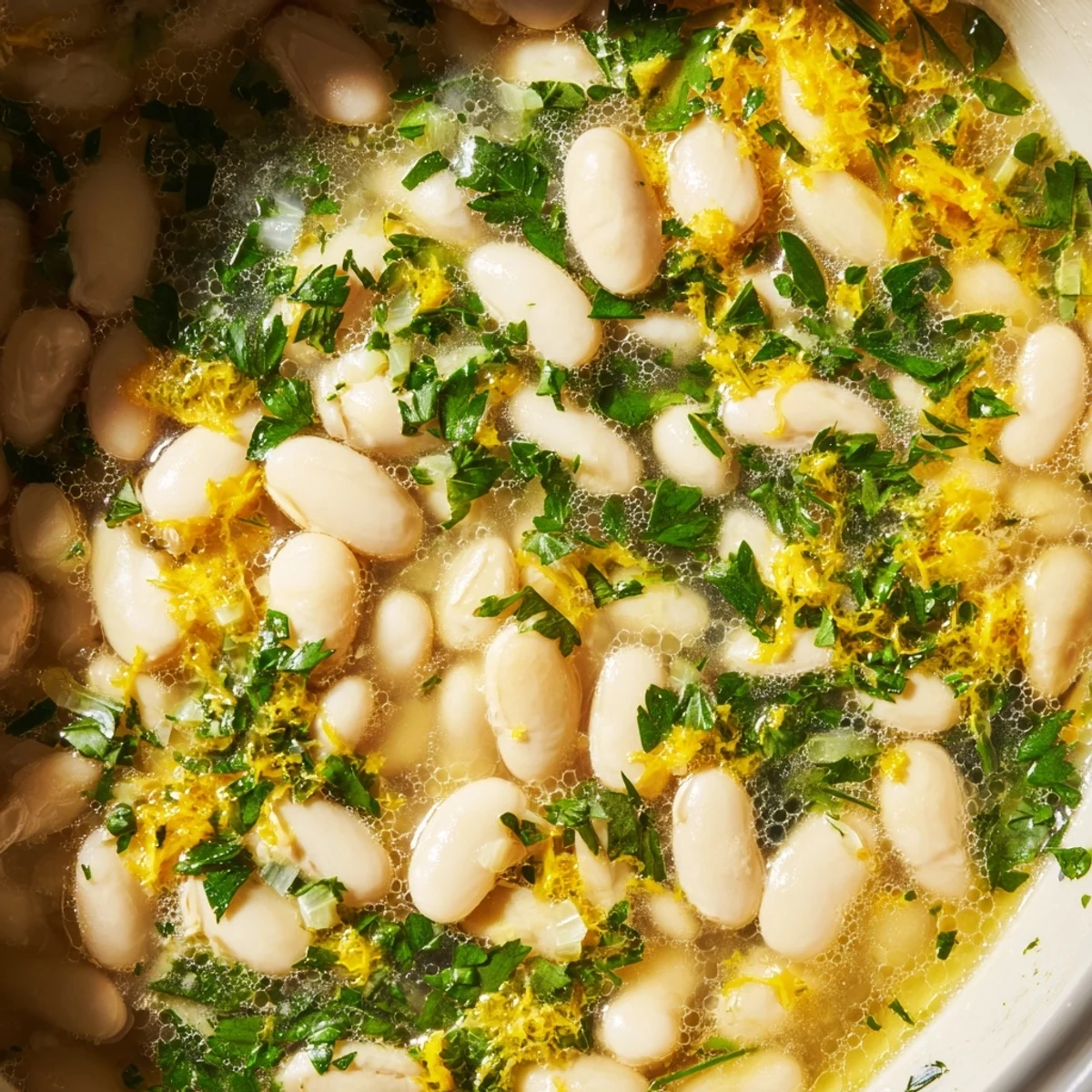 Easy vegetarian miso butter brothy beans ladled into a warm bowl with red pepper flakes.