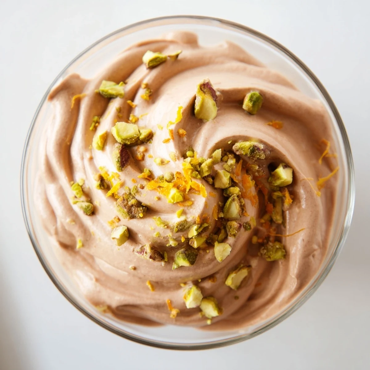Creamy Lebanese Date Orange Blossom Mousse in chilled glasses garnished with pistachios and orange zest