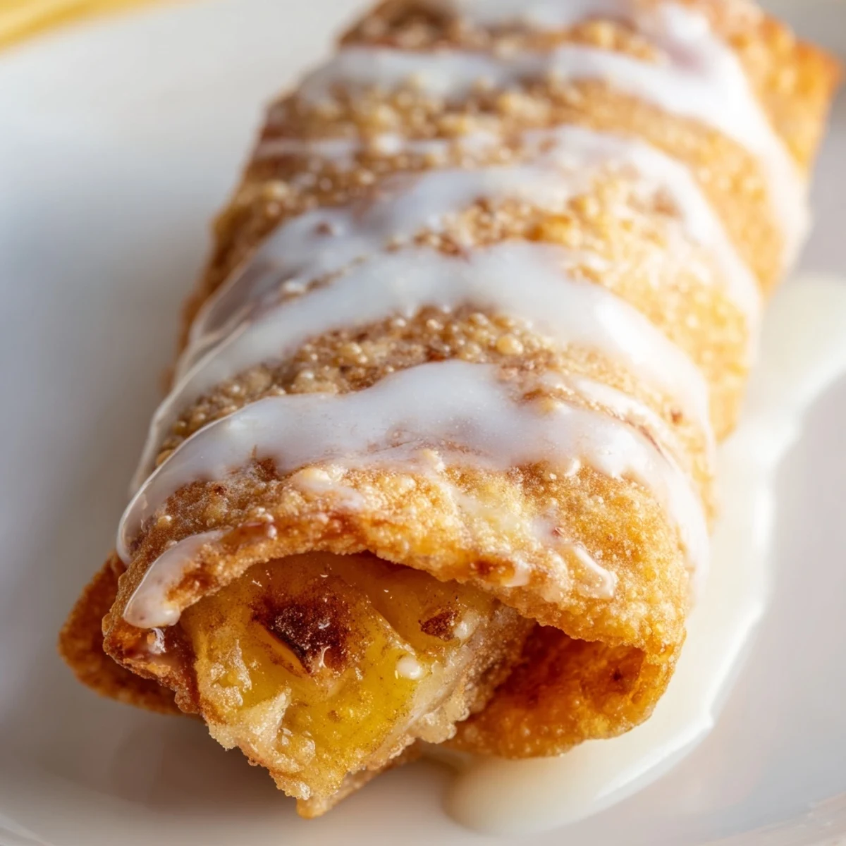 Freshly fried Peach Cobbler Egg Rolls served warm beside a scoop of vanilla ice cream.