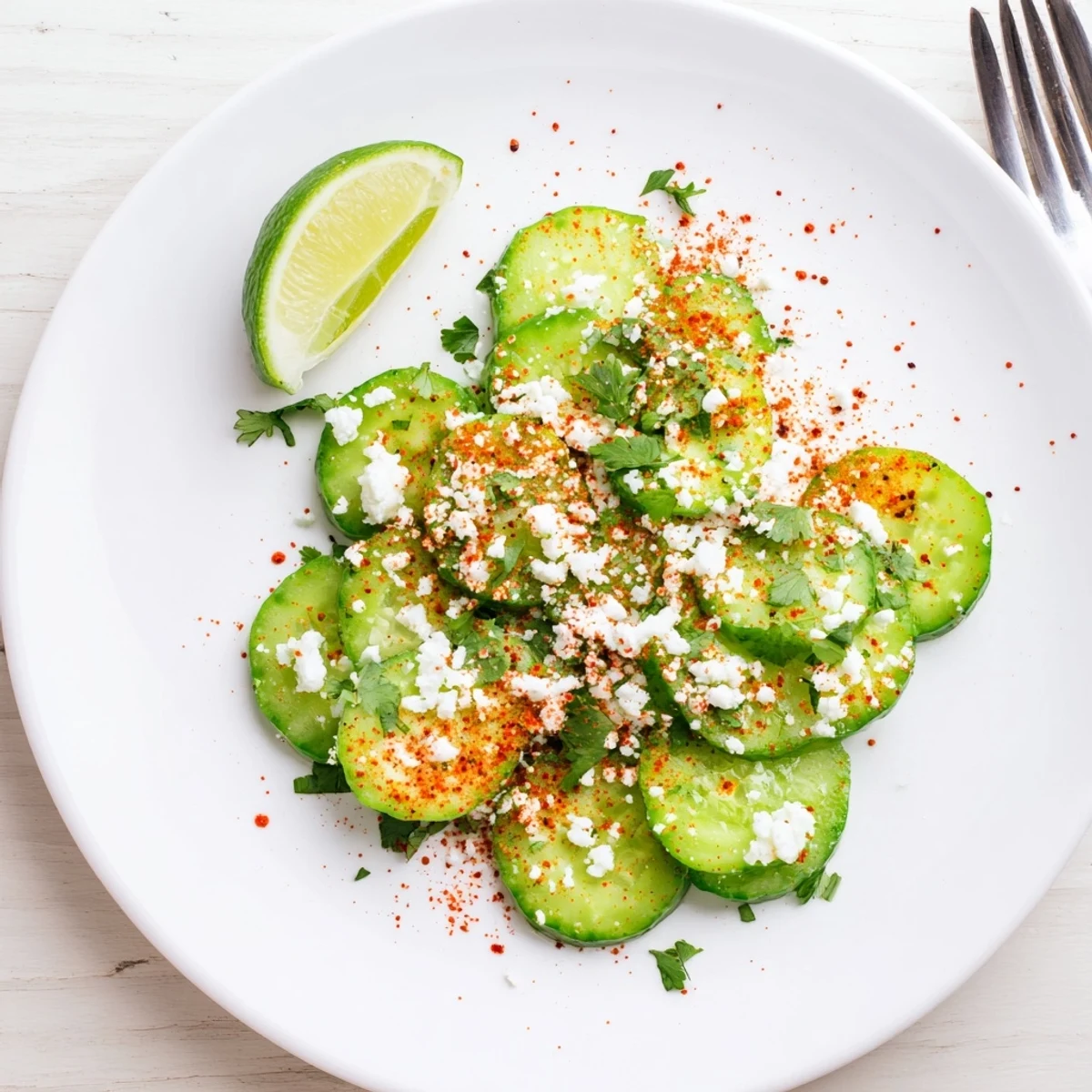 Sliced cucumbers tossed in lime juice and chili powder for Mexican Style Cucumbers, a refreshing, zesty summer snack served in a rustic bowl.