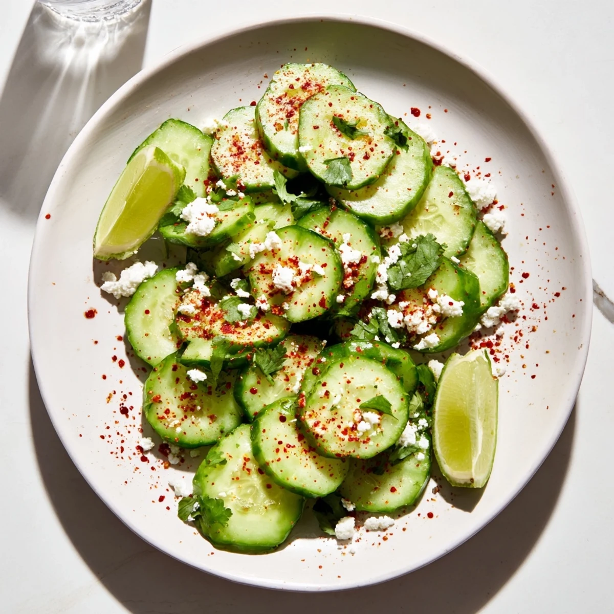 A close-up of Mexican Style Cucumbers glistening with lime and chili, a quick, vegan-friendly snack perfect for poolside or a light lunch.